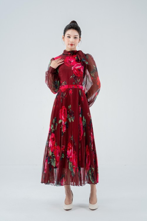 Dark Red Rose Pleated Midi Voile Dress