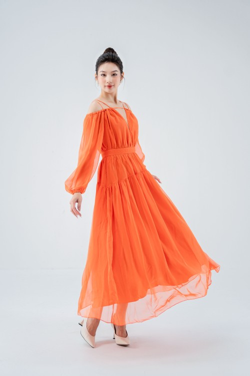 Orange Off-shoulder Midi Voile Dress