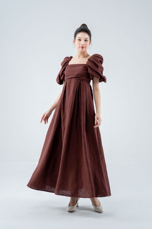 Chocolate-brown Puff-sleeves Midi Linen Dress