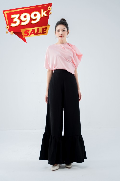 Black Ruffled Wide Leg Woven Pants (Quần nữ)
