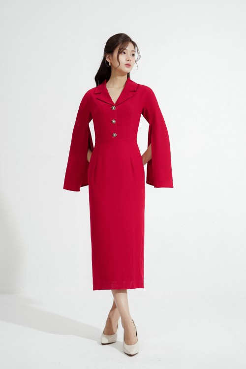 Dark Red Slit Sleeves Midi Woven Dress