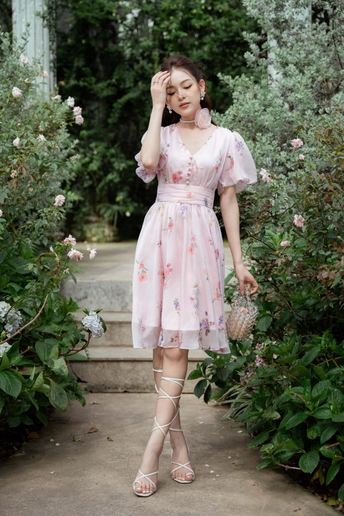 Z-Pink Floral V-neck Mini Voile Dress