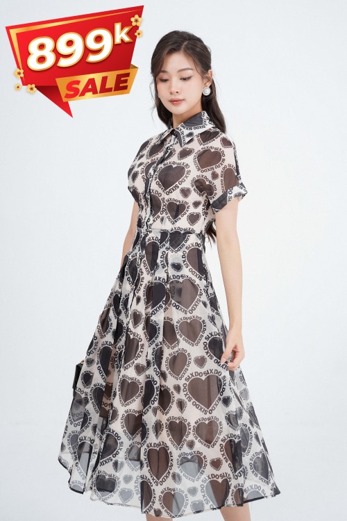 Cream Heart Monogram Midi Chiffon Dress