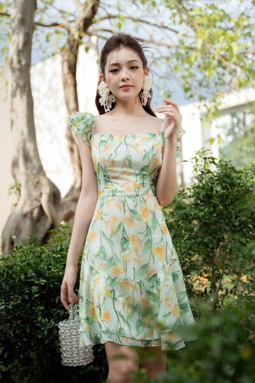 Z-Light Green Floral Strappy Mini Voile Dress