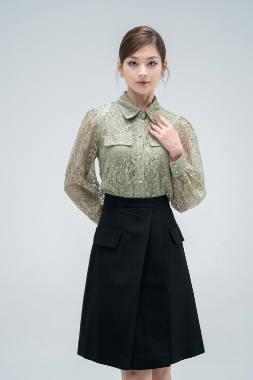 Black Straight Mini Woven Skirt (Chân váy)