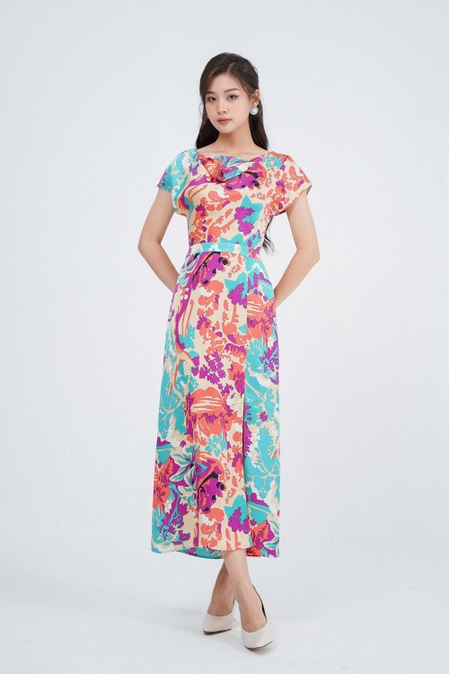 Printed Beige Boatneck Midi Silk Dress