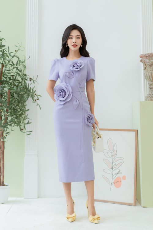 Lilac Puff-sleeves Midi Raw Dress
