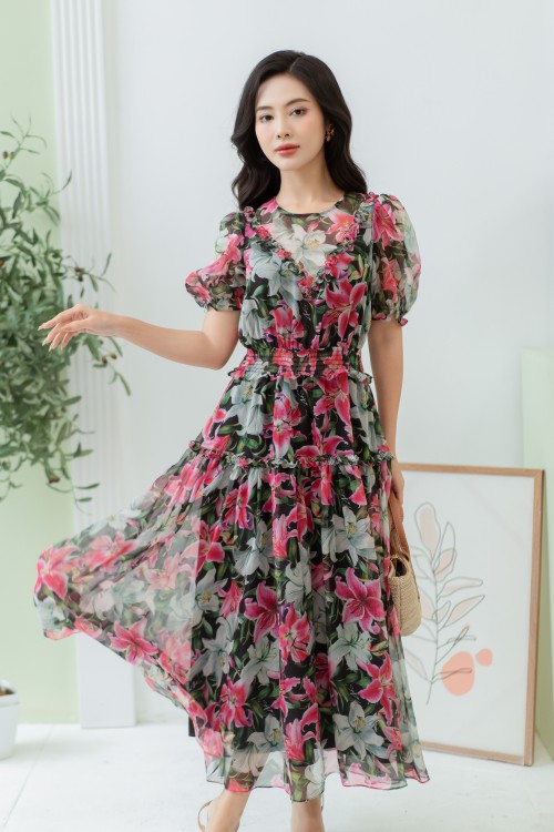Black Lily Puff-sleeves Midi Voile Dress