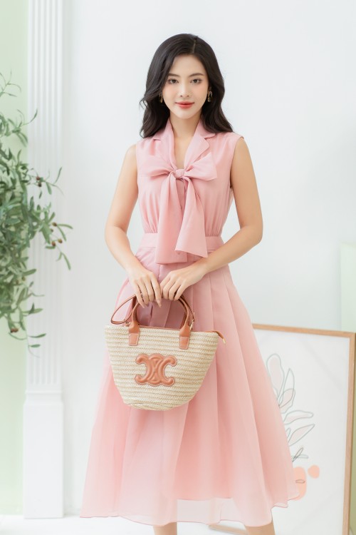 Peach Pink Bowtie Midi Dress
