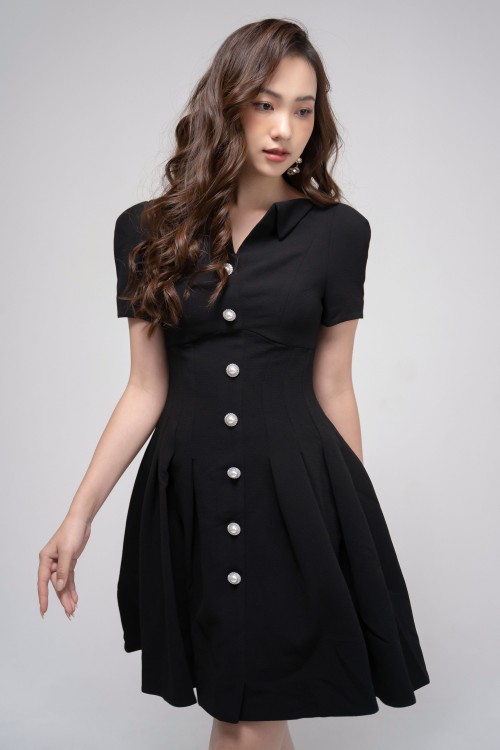 Black Slit Neckline Mini Woven Dress