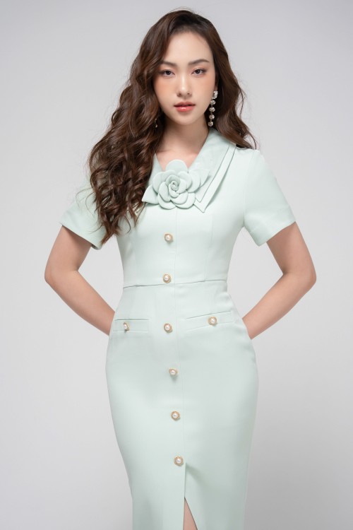 Turquoise Short Sleeves Midi Dress