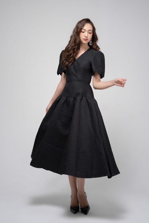 Black Wraparoud Midi Brocade Dress