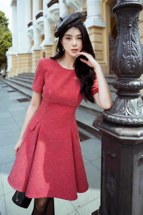 Red Short Sleeves Mini Woven Dress
