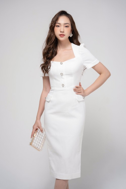 White Puff-sleeves Midi Woven Dress