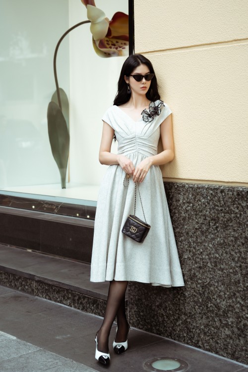 Dark Beige Midi Tweed Dress