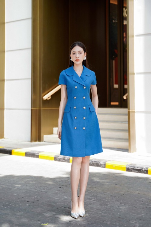 Blue Midi Raw Coat Dress