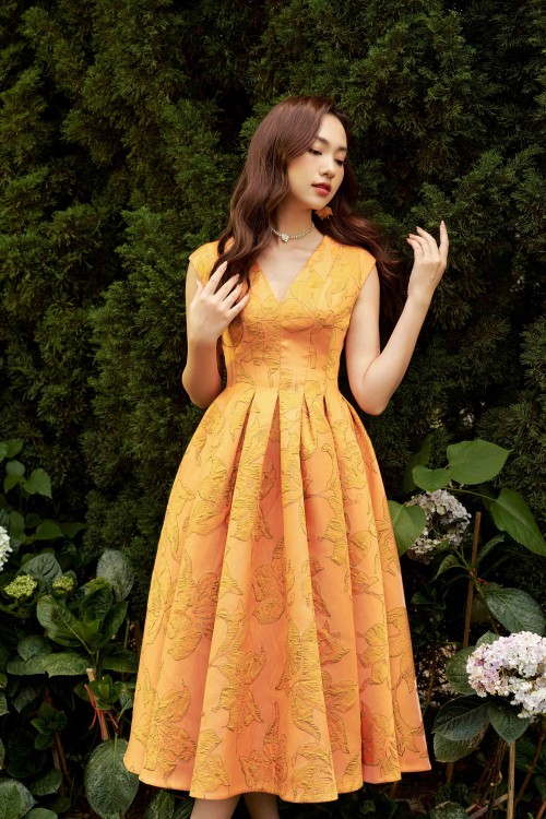 Orange Lily V-neck Midi Brocade Dress
