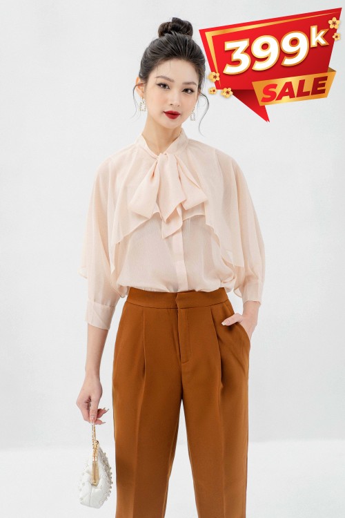 Cream Long Sleeves Chiffon Shirt (Áo nữ)