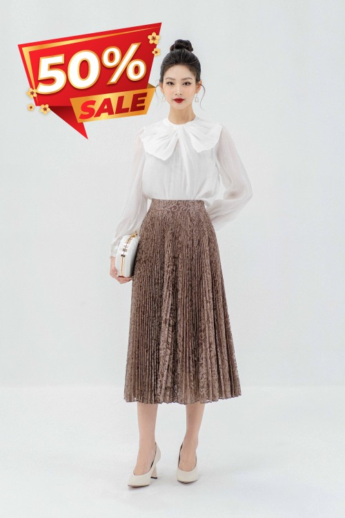 Greyish-brown Accordion Pleat Midi Lace Skirt (Chân váy)
