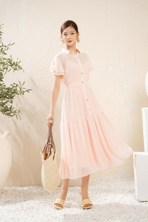 Light Pink Polka Dot Ruffled Midi Voile Dress