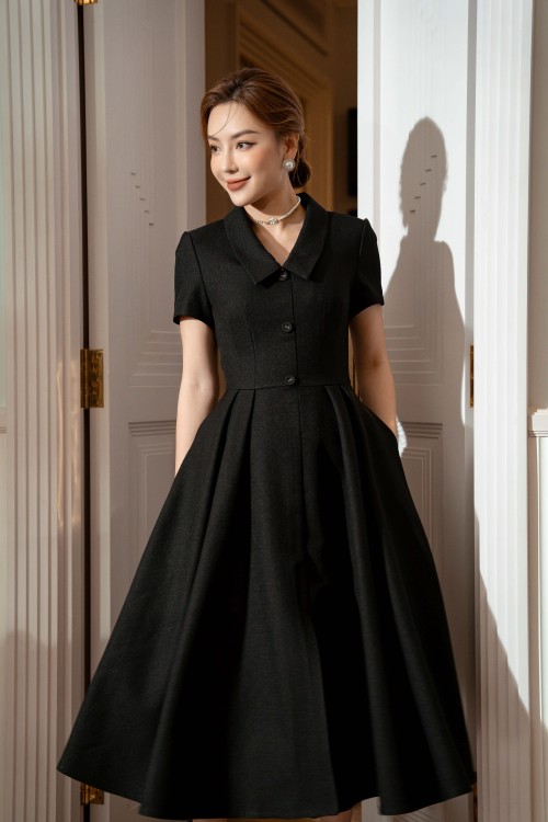 Black Pleated Midi Raw Dress