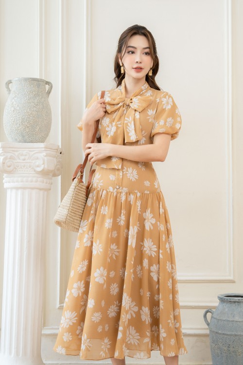 Yellowish-brown Floral Bowtie Midi Voile Dress