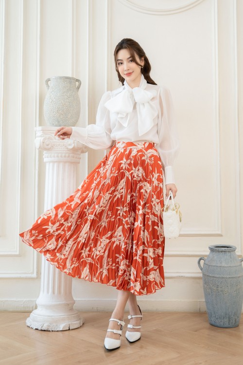 Dark Orange Floral Pleated Midi Silk Skirt (Chân váy)