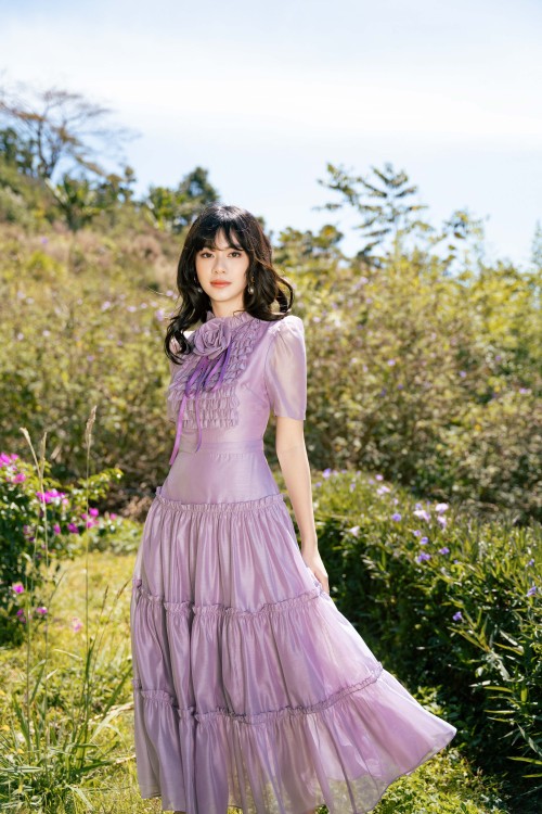 Purple Short Sleeves Midi Dress