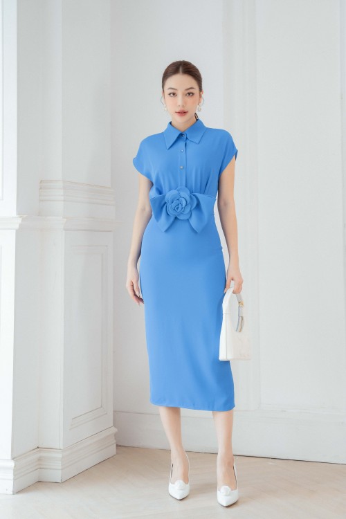 Blue Cap Sleeves Midi Silk Dress