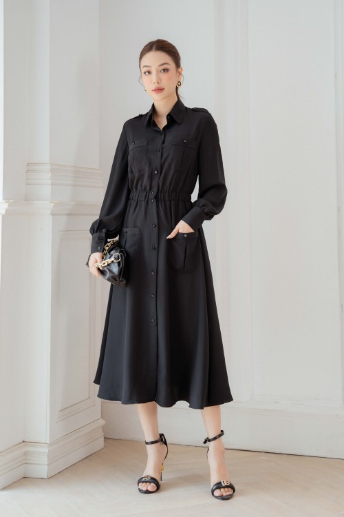 Black Long Sleeves Midi Woven Dress