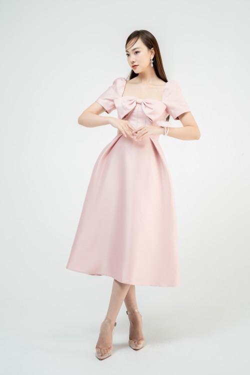 Pink Square Neck Midi Taffeta Dress
