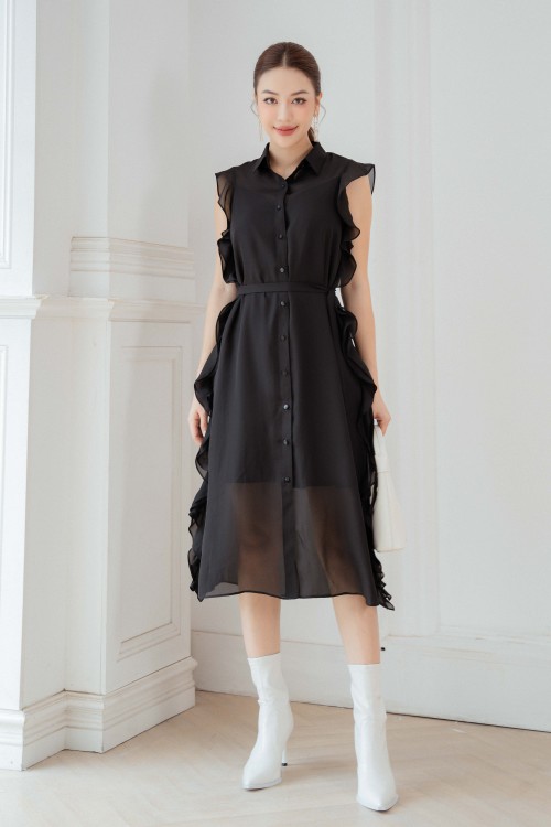 Black Straight Midi Chiffon Dress