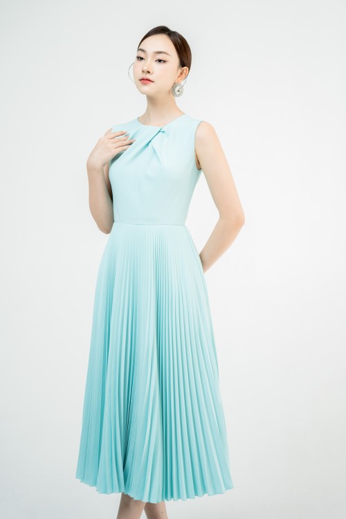 Turquoise Pleated Midi Woven Dress