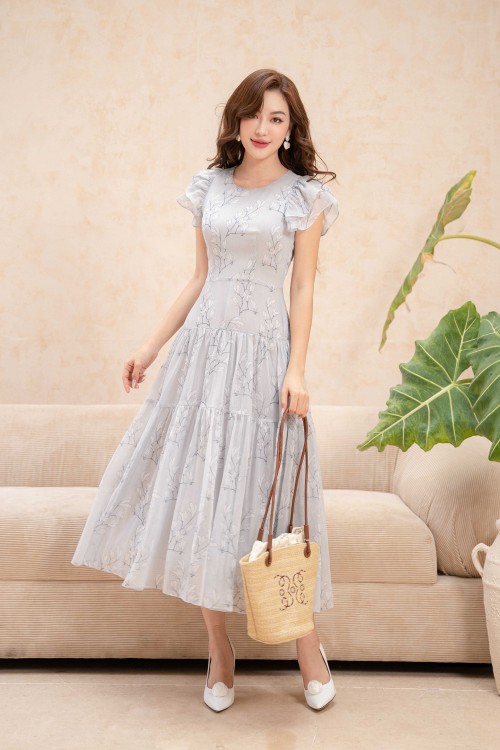 Greyish-blue Floral Midi Voile Dress