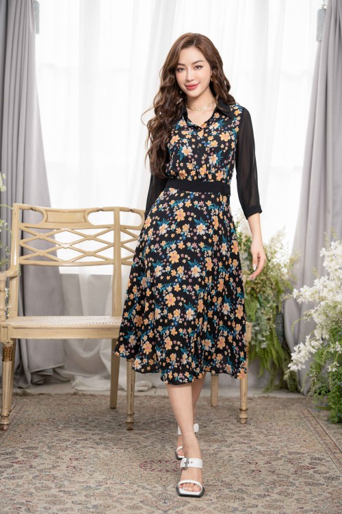 Black Floral Midi Chiffon Dress