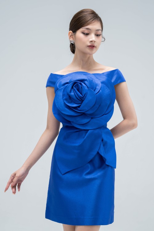 Dark Blue Off-shoulder Mini Taffeta Dress