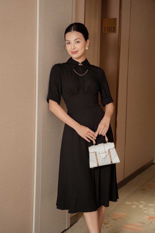 Black Short Sleeves Midi Woven Dress