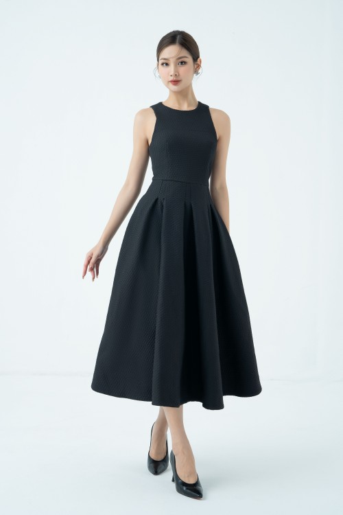 Black Pouf Midi Woven Dress