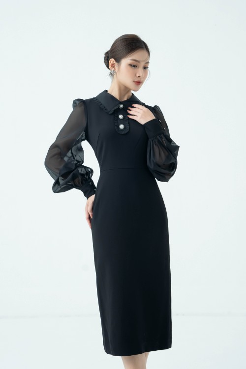 Black Bishop Sleeve Midi Woven Dress