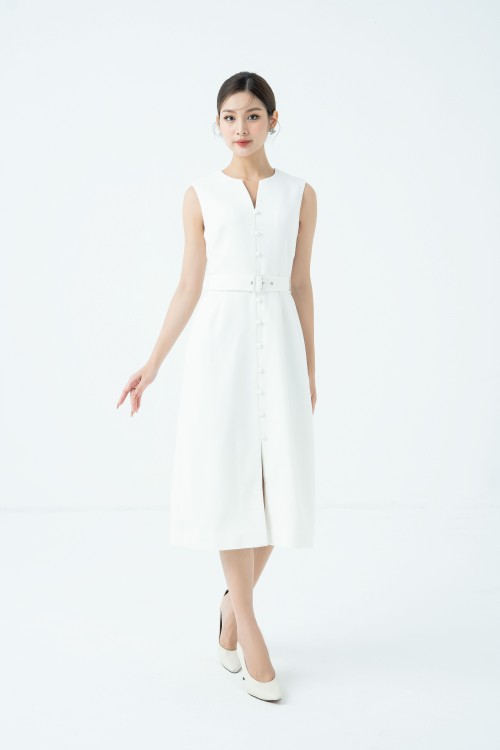 White Sleeveless Midi Raw Dress