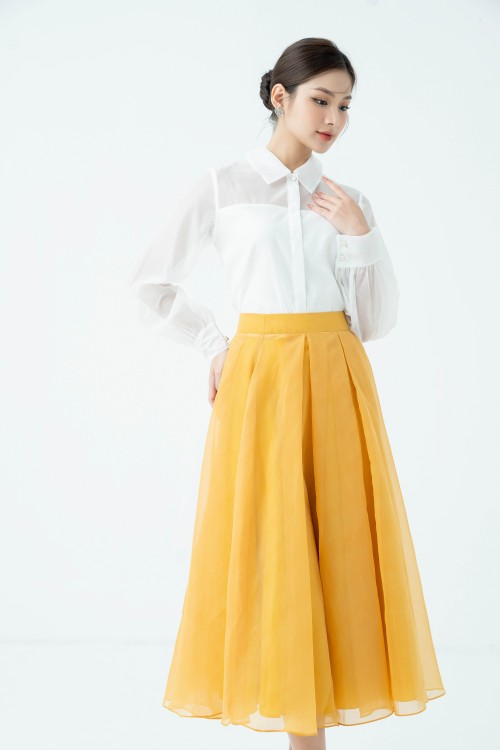 Yellow Box Pleated Midi Skirt (Chân váy)