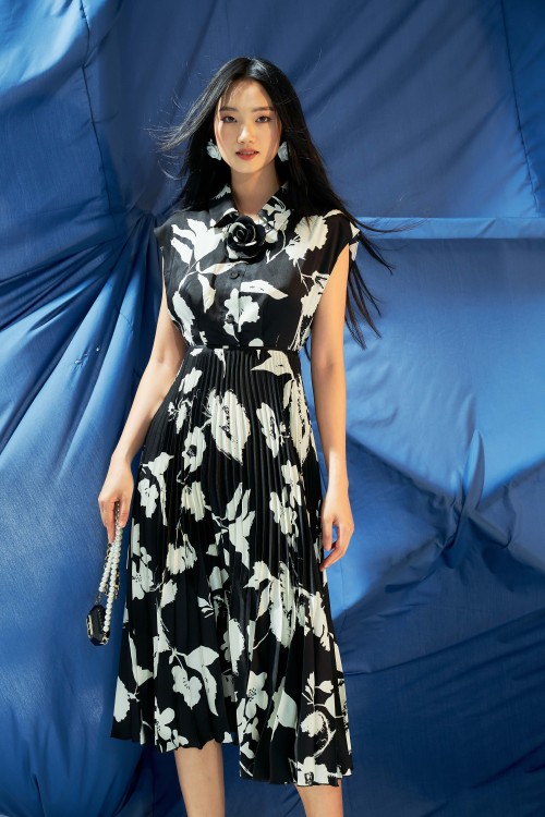 Black Floral Silk Dress