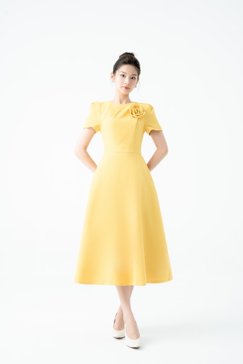 Yellow Gore Midi Woven Dress