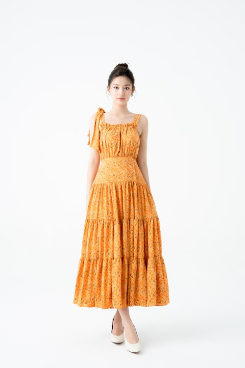 Orange Floral Strappy Midi Silk Dress