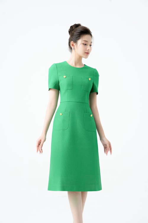 Green Round Neck Midi Raw Dress