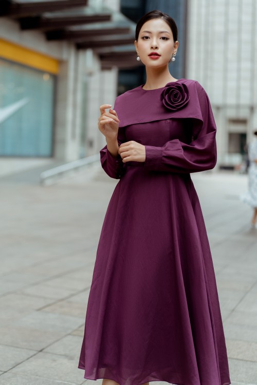 Dark Violet Midi Woven Dress With Flower