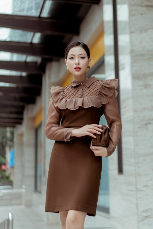 Dark Brown Long Sleeves Mini Raw Dress