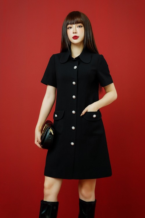 Black Short Sleeves Mini Woven Dress