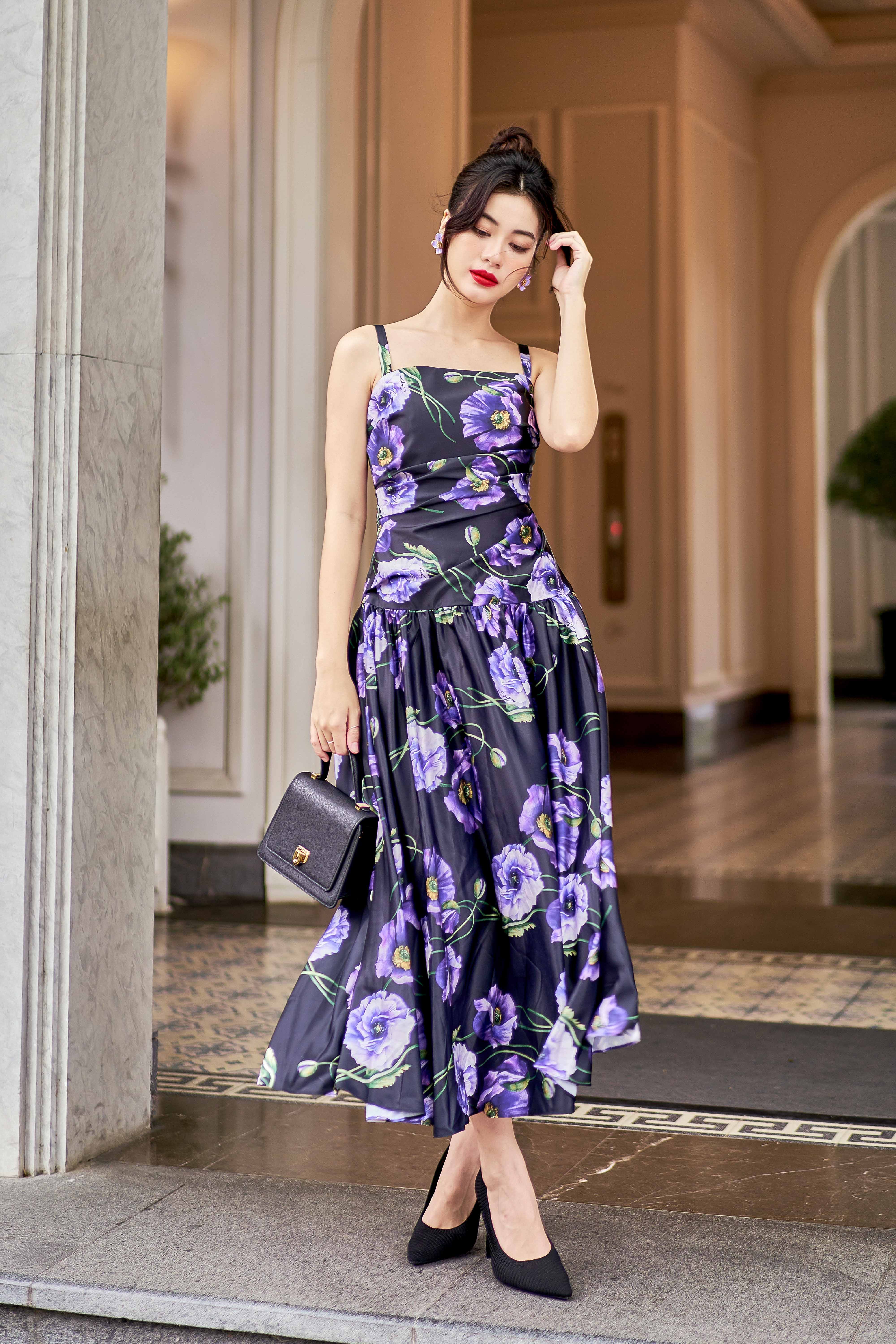 black purple floral dress Long Beaded Prom Dress with Removable Overskirt Red / 8