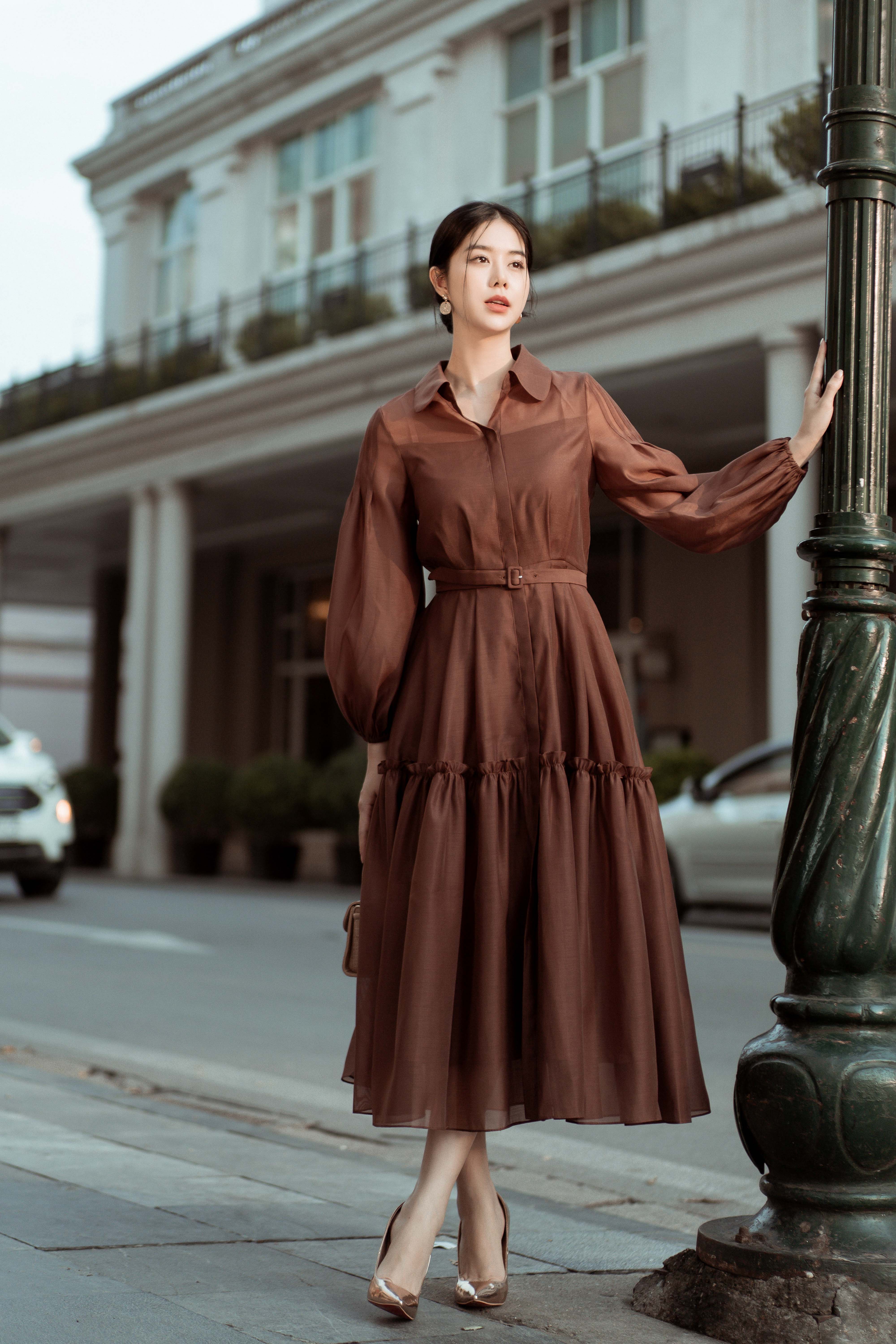 Váy Đầm - Dark Brown Long Sleeves Midi Dress